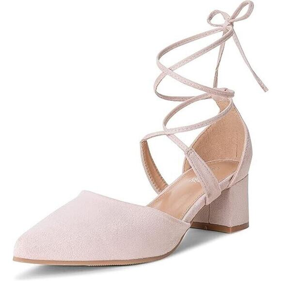 NEW Heel The World Women's 9 Nude Tan Beige Strappy Lace Up Chunky Heels - Picture 1 of 11